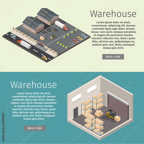 Isometric warehouse exterior of storage vector set with shipping delivery flat illustration Logistic concept export truck infographics