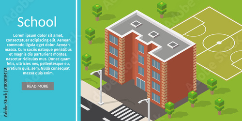 Isometric school building and football field interrior realistic 3d icon.