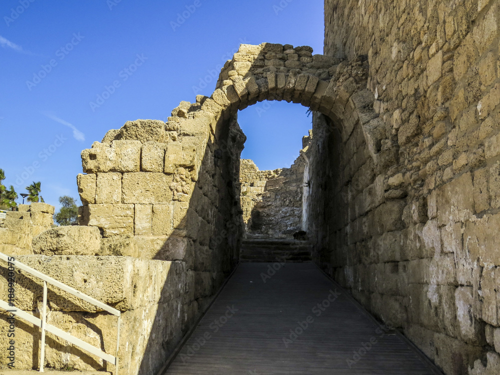 Caesarea, Israel - Caesarea National Park - Ruins of ancient Cesarea built by Herod. Cesarea represents an exceptional archaeological site of the Roman and Crusader period