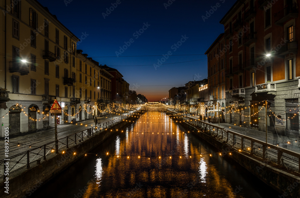 nigth in Navigli, cityscape of Navigli in Milan at night with light reflecting over the water
