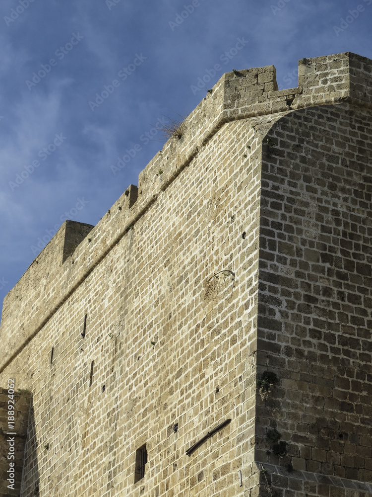 Acre or Akko, Israel -  The wall of the Citadel – Museum of Underground Prisoners.  the Citadel of Acre is an Ottoman fortification, built on the foundation of the citadel of the Knights Hospitaller.