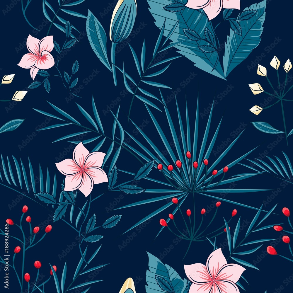 Obraz premium pattern of leaves of a palm tree and flowers on a dark background