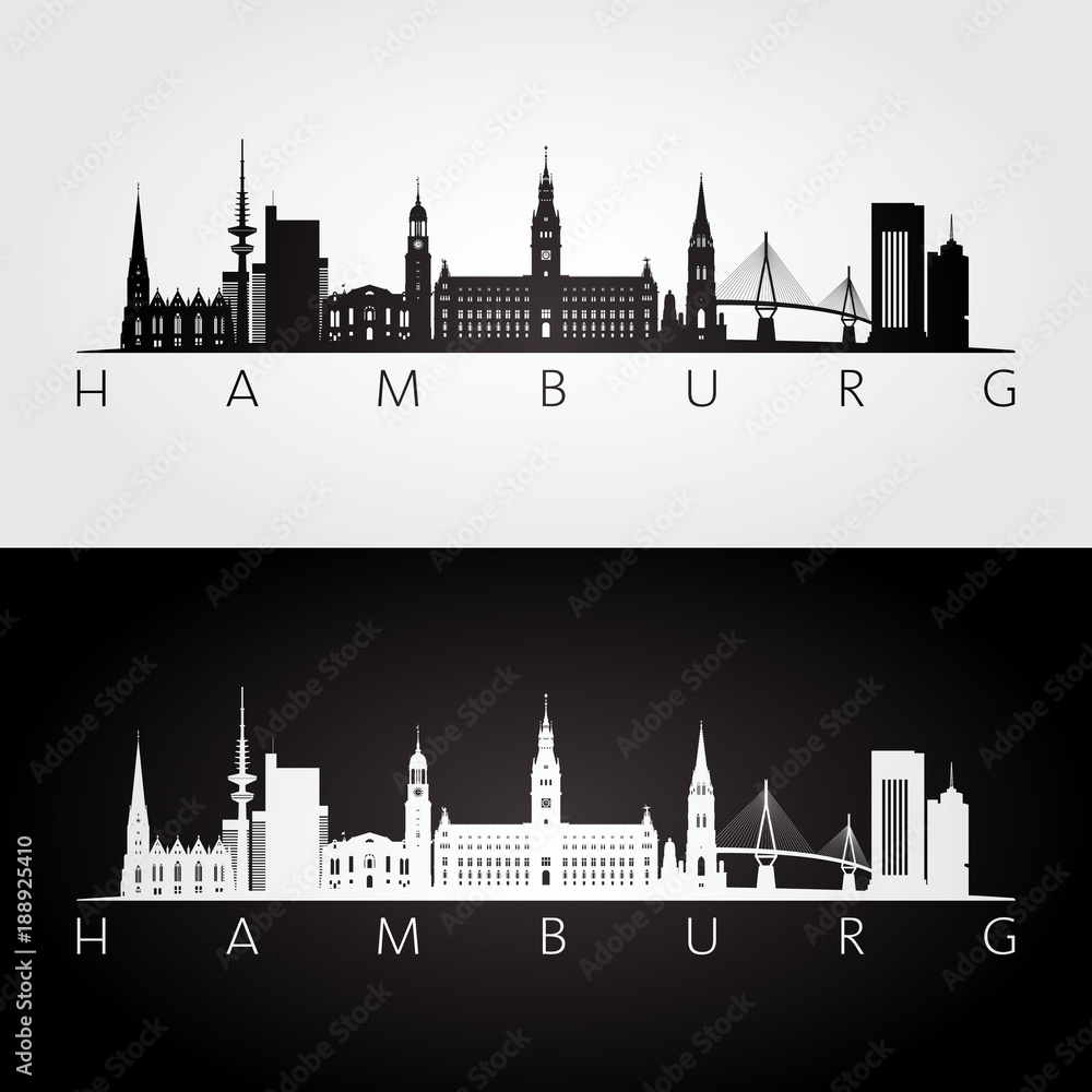 Hamburg skyline and landmarks silhouette, black and white design, vector illustration.