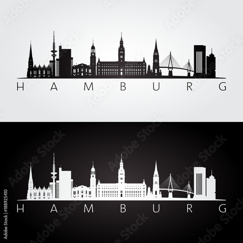Hamburg skyline and landmarks silhouette, black and white design, vector illustration.