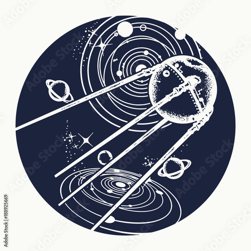 Sputnik tattoo. Space ship tattoo and t-shirt design. Symbol of space expedition, science, future, research of solar system. Universe research