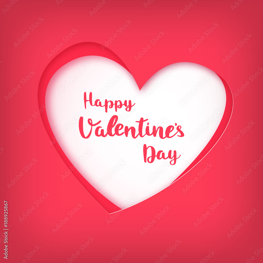 Happy Valentines day on red heart in paper art style. Vector illustration.