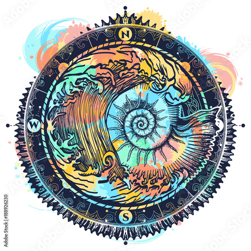 Big wave and sea shell color tattoo and t-shirt design. Symbol of adventures boho style. Great outdoors. Tsunami waves tattoo. Sea ammonite and storm
