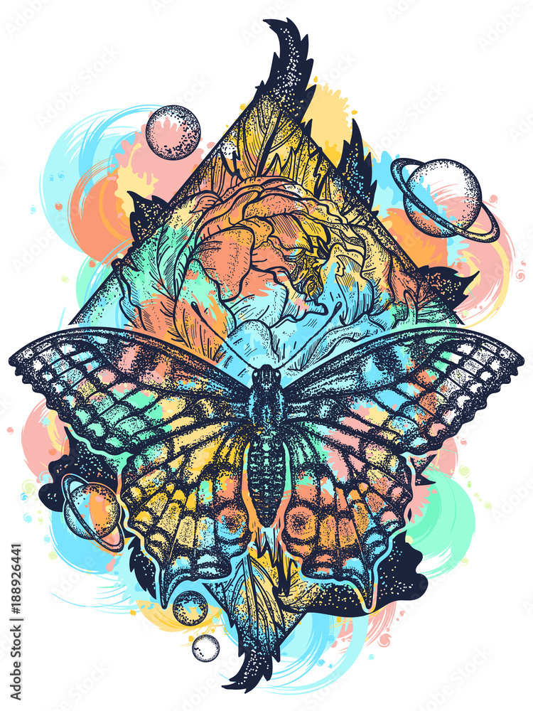 Butterfly, rose, and universe color tattoo, geometrical style. Beautiful Swallowtail boho t-shirt design. Mystical symbol of freedom, nature, tourism. Realistic butterfly art tattoo for women