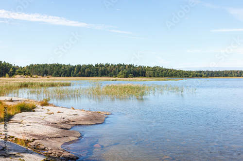 Lake view with rocks and reeds photo