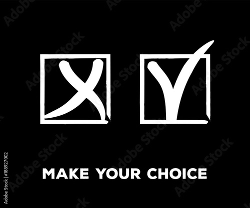 Yes and No Vector Set Square Frames, Isolated.  Hand Painted Election, Quizz, Voting, Test Symbols. Ink Brush Rejection and Approval, Query Choice Icons. Yes and No Tick and Cross Symbolic Marks.