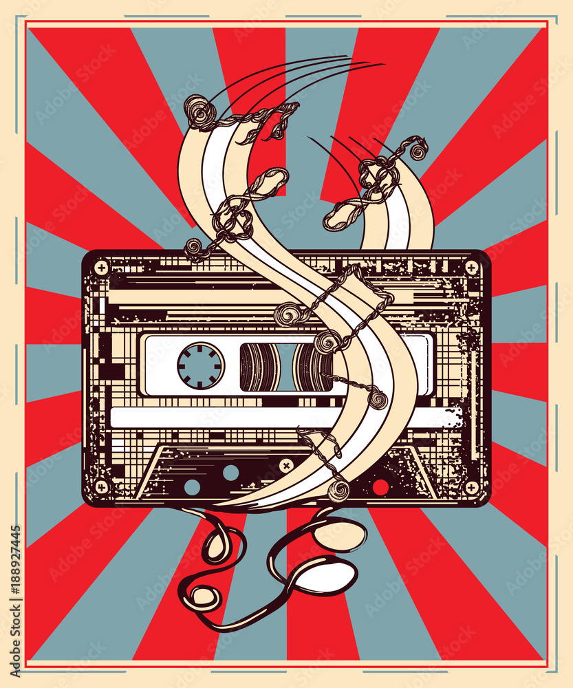 Audio cassette and music notes poster. Symbol of retro music, nostalgia,  80th and 90th. Old audio cassette, symbol of pop music, disco t-shirt  design Stock Vector | Adobe Stock