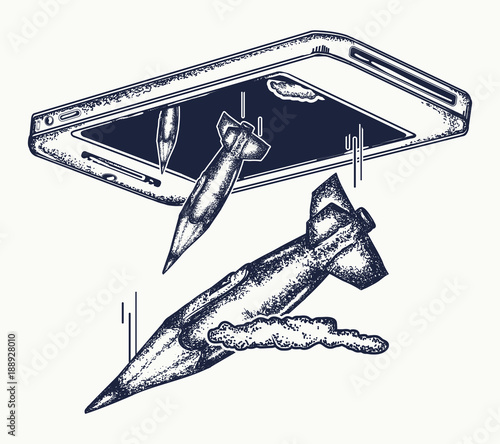 Caricature of mass media. Journalism, media, concept of mass media, propaganda. Bombs pencils. Symbol of force of word, compromising evidence, media technology