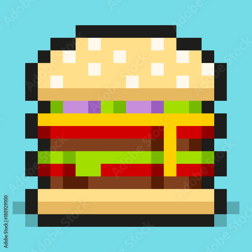 Pixel art, minimalistic double cheeseburger, flat fast food, vector design object, retro web icon