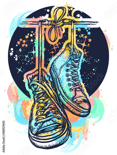 Symbol of freedom, street culture, graffiti, street art. Sneakers on wires in space. Boots hanging from electrical wire tattoo and t-shirt design water color splashes.