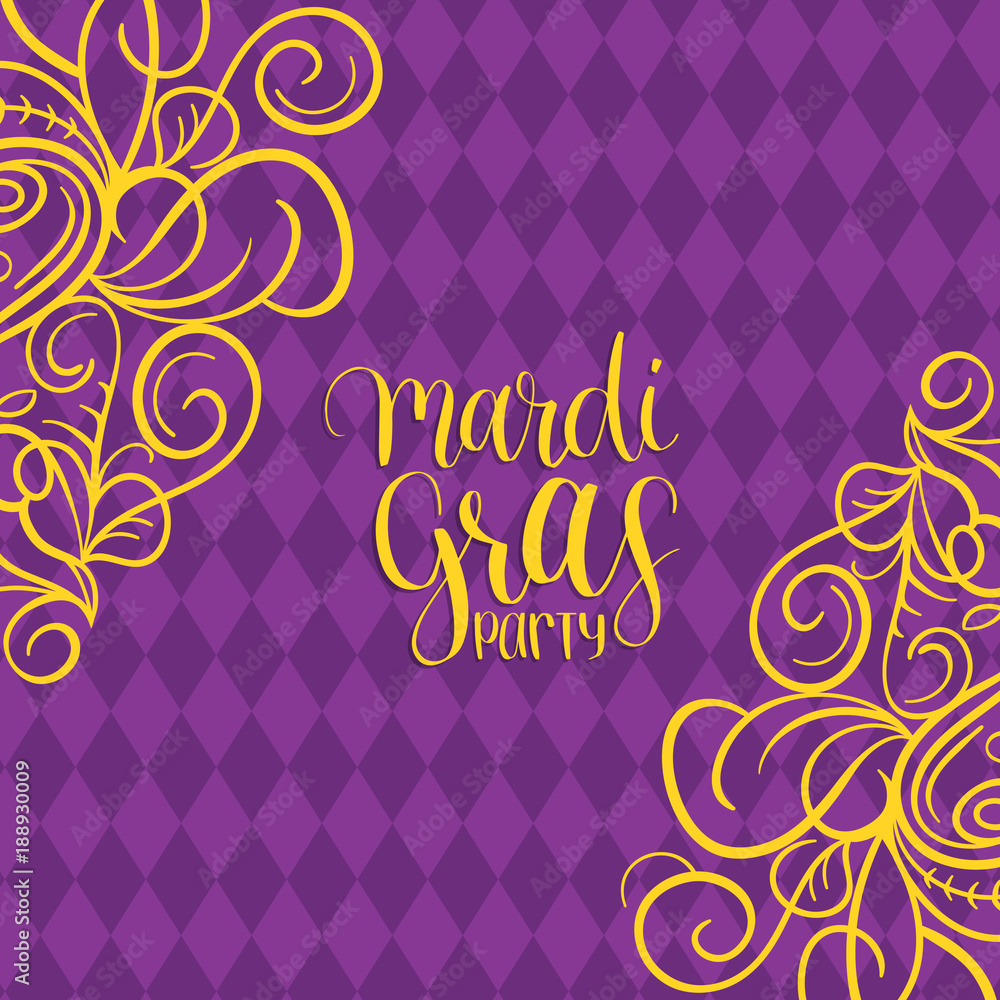 Mardi Gras vector hand lettering greeting card. Fat, Shrove Tuesday poster, invitation on ornate pattern background.