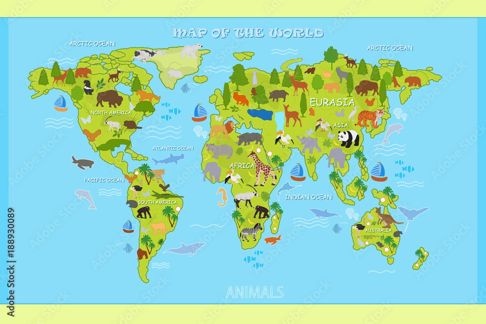 Obraz premium Vector map of the world with animals and plants
