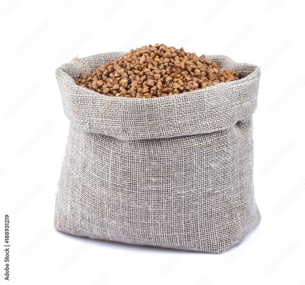 Buckwheat in bag isolated on white background Buckwheat in bag isolated on white background