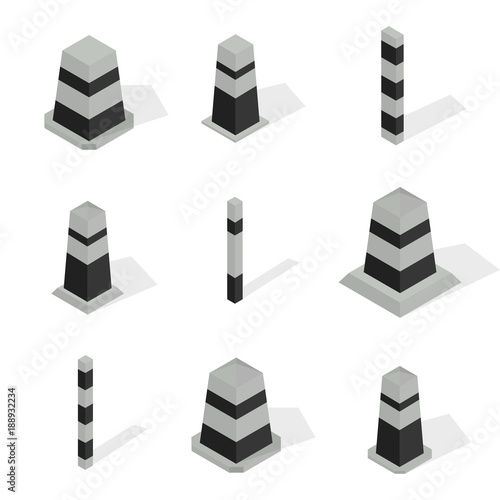 Set of protective barriers and road columns in 3D, vector illustration.