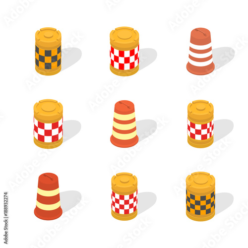 Set of road water barrel in 3D, vector illustration.