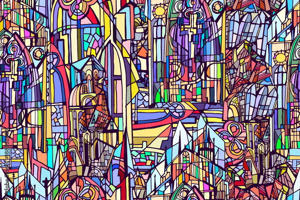 Fototapeta premium Vector seamless pattern with fictional gothic city. Daytime. Hand drawn.