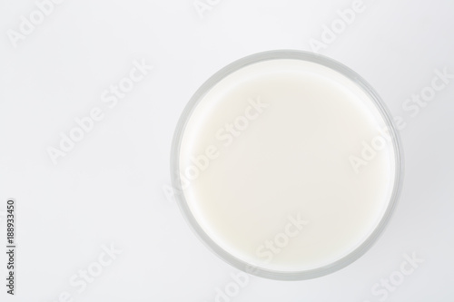 Glass of milk isolated on white background. Top view.