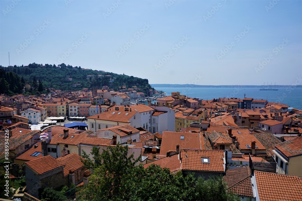 Panoramic view over city and hills of Piran Panoramic view over city and hills of Piran