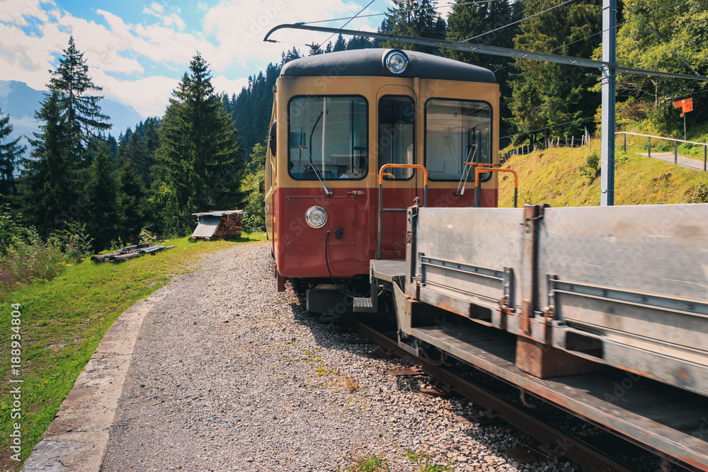 Mountain train from Grutschalp to Murren in summer. Wengen - Bernese Oberland - Switzerland Mountain train from Grutschalp to Murren in summer. Wengen - Bernese Oberland - Switzerland