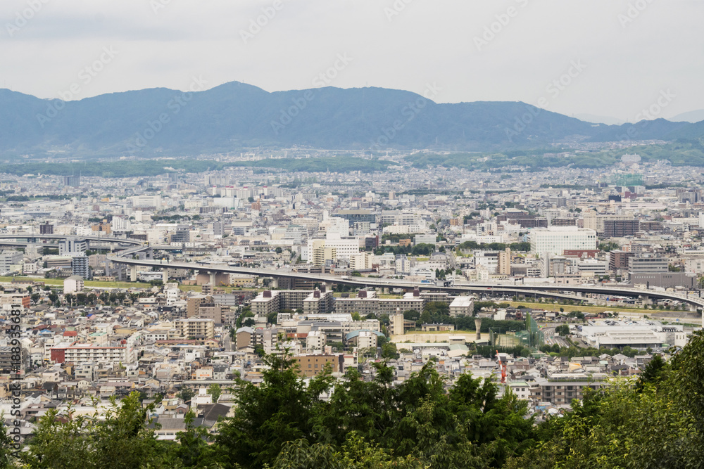 View of Kyoto skyline from from Inariyama mountain in September. Kyoto, Japan.