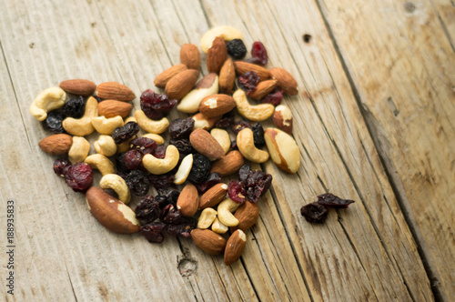 Mixed nuts and dried fruits in a heart shape