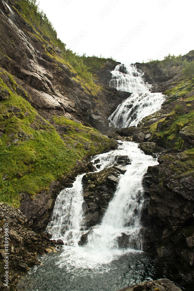 Kjosfossen waterfall near Flam to Myrdal Flamsbana Railway Line, Norway