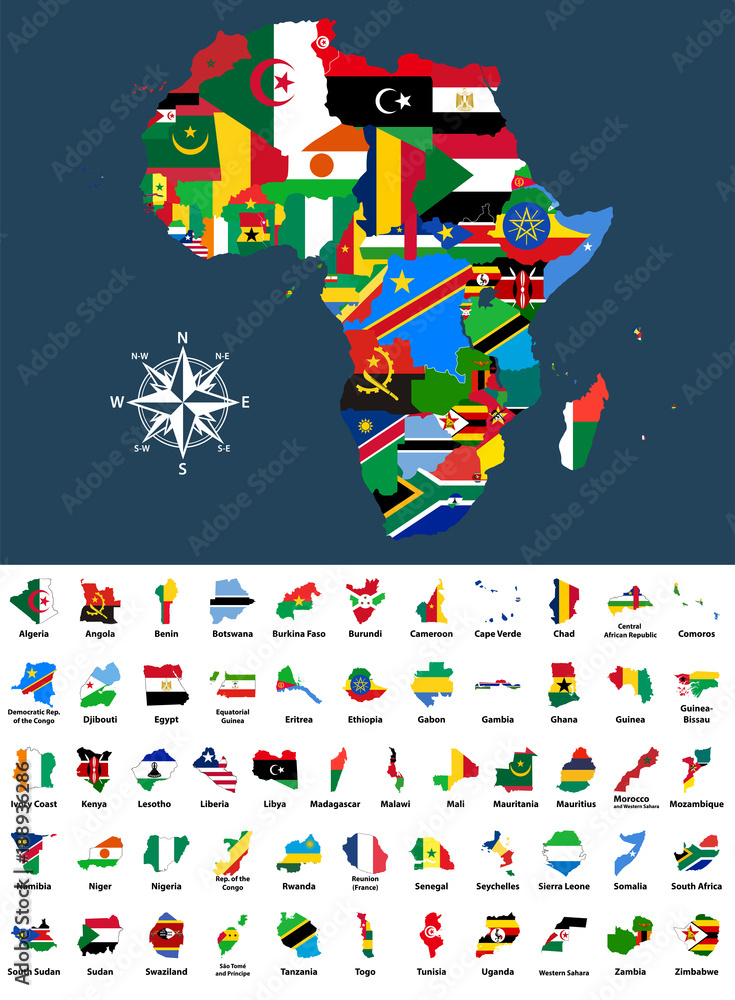 vector map of Africa mixed with countries flags. Collection of all African maps combined with flags on white background