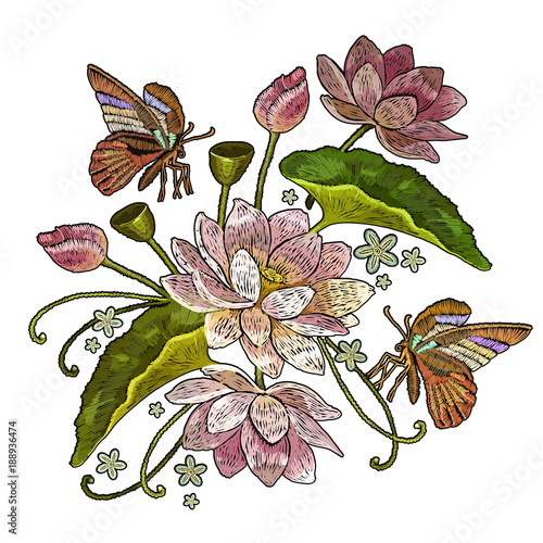 Embroidery lotus flowers and butterfly. Classical embroidery pink lotuses, tropical butterfly, water lily. Clothes template, t-shirt design