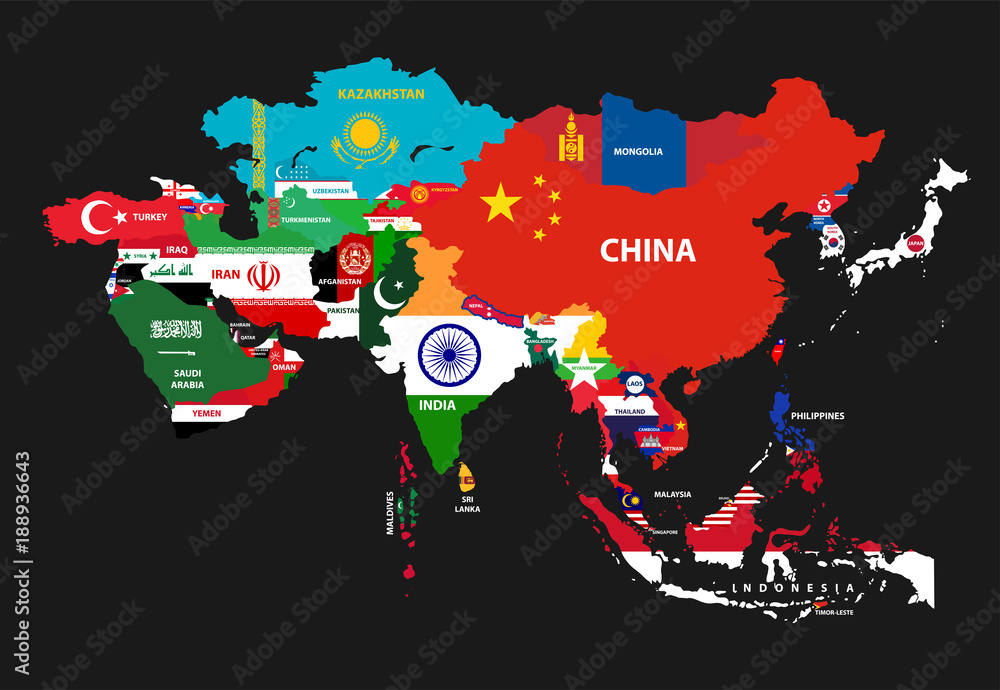 Asia continent map with countries mixed with their national flags