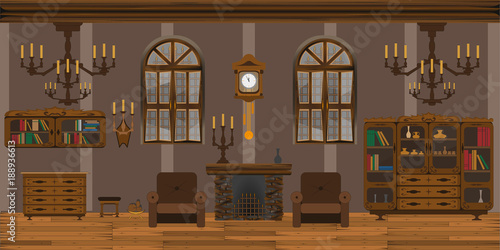 The interior of the living room is in an old style with insulated cupboards and furniture. Stylish vector illustration for web design