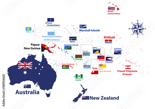 Australia and Oceania region vector high detailed map with countries names and national flags