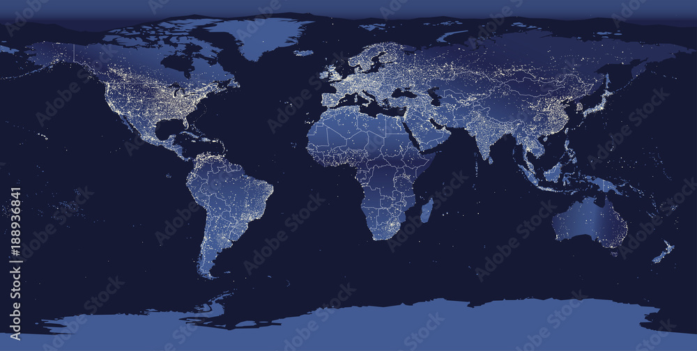 Obraz premium Mapa świateł miasta świata. Nocny widok Ziemi z kosmosu. Ilustracji wektorowych