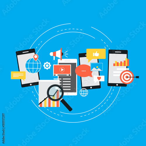 Social media, seo, networking, video marketing, navigation concepts. Flat design for web banners and apps. Vector illustration
