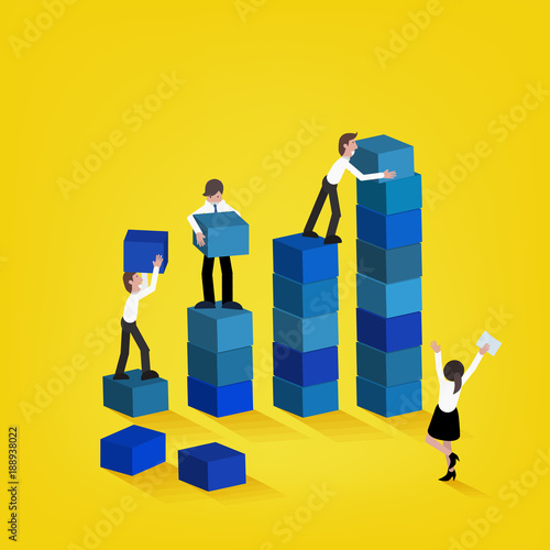 Business team building higher growth graph. teamwork and growth business concept.  illustration head businessman with team of working people. vector illustration.