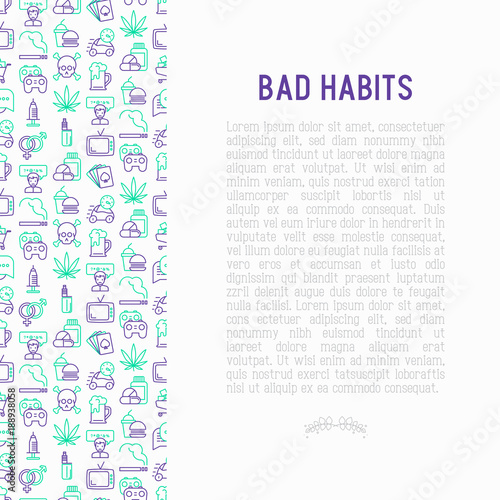 Bad habits concept with thin line icons: abuse, alcoholism, cigarette, marijuana, drugs, fast food, poker, promiscuity, tv, video games. Modern vector illustration for banner, print media.