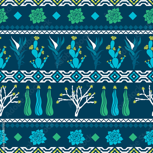 Sempervivum, Haworthia, Opuntia, Hatiora. Seamless pattern with cacti, succulents and geometric shapes in the form of a rhombus, triangles. Vector illustration.