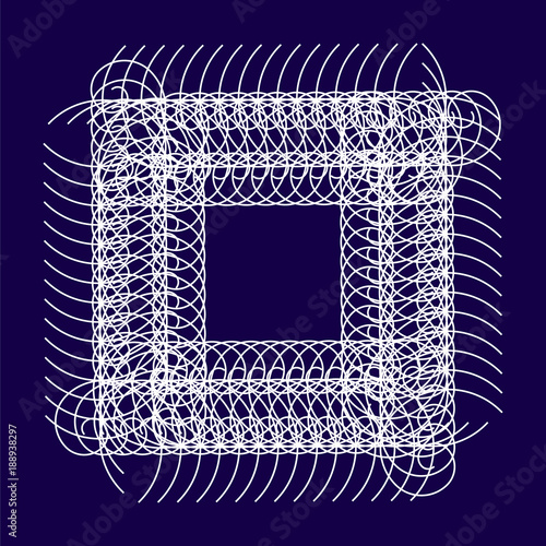 Frame with abstract ornament of curled lines. Effect of pleached wire. Blue background, white contour shape. Square template. EPS10 illustration