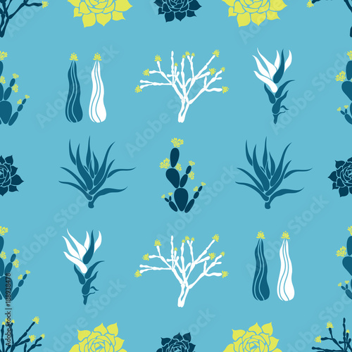 Sempervivum, Haworthia, Opuntia, Hatiora. Seamless pattern with cacti, succulents. Vector illustration.