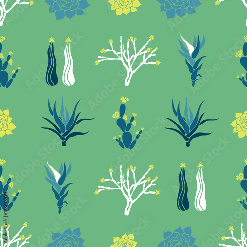 Sempervivum, Haworthia, Opuntia, Hatiora. Seamless pattern with cacti, succulents. Vector illustration.