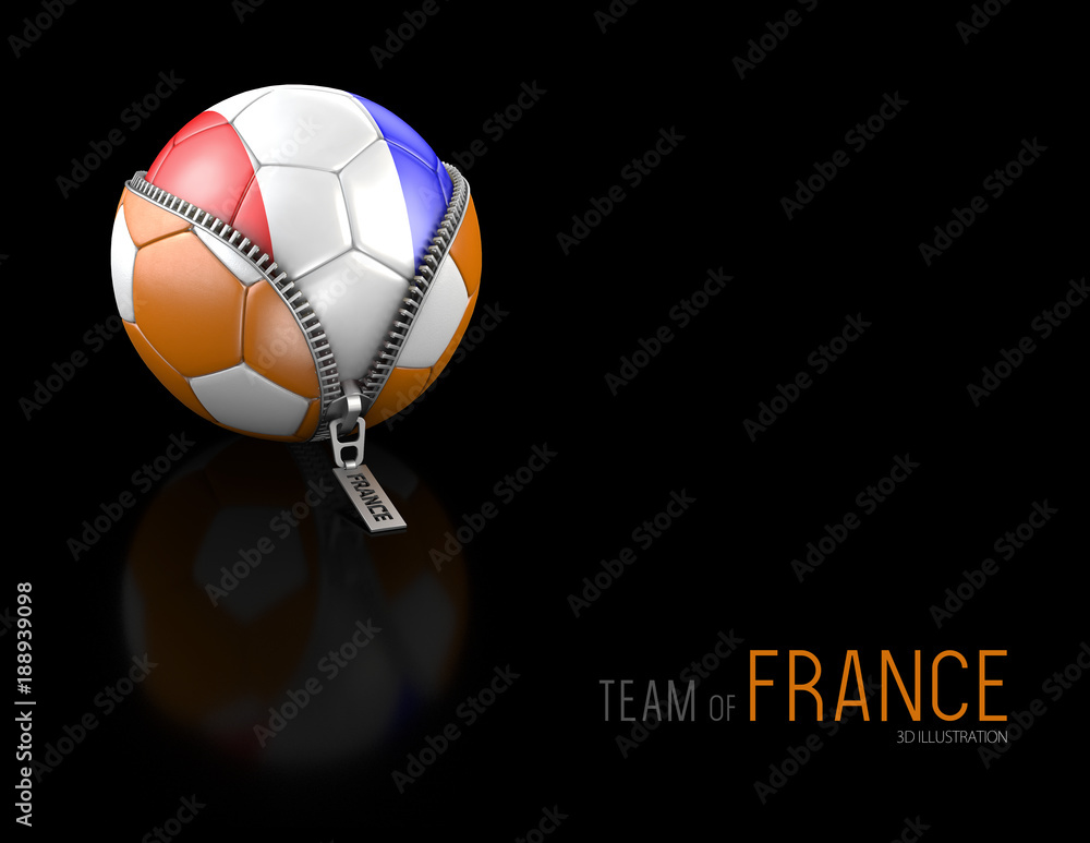 Fototapeta premium 3d Illustration of Soccer ball with France flag isolated on black background