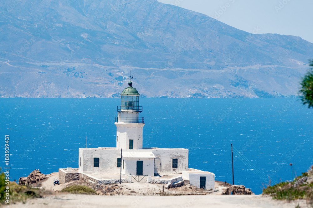 The Armenistis Lighthouse located on the island of Mykonos, Greece, Europe.