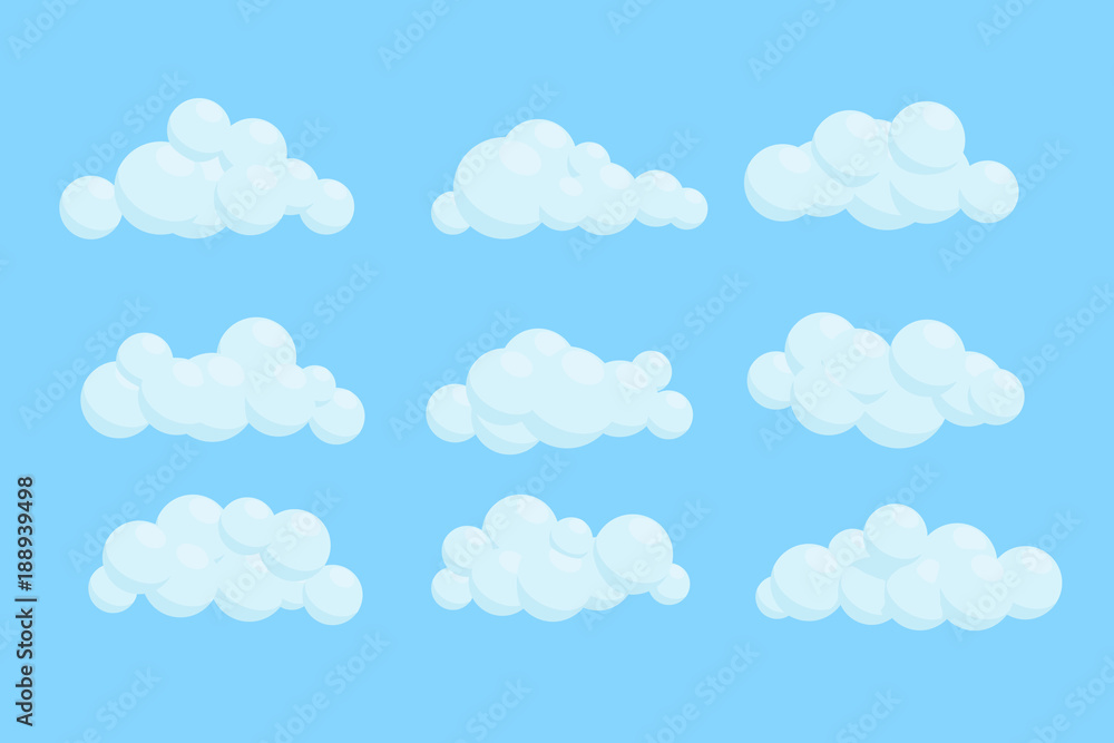 Set of cartoon vector clouds. Isolated Illustration on blue background.