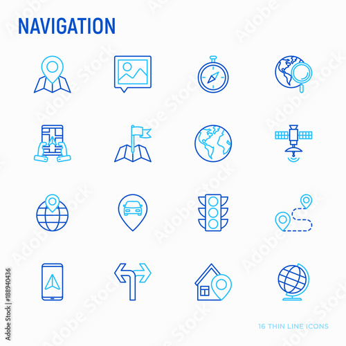 Navigation and direction thin line icons set: pointer, compass, navigator on tablet, traffic light, store locator, satellite. Modern vector illustration.