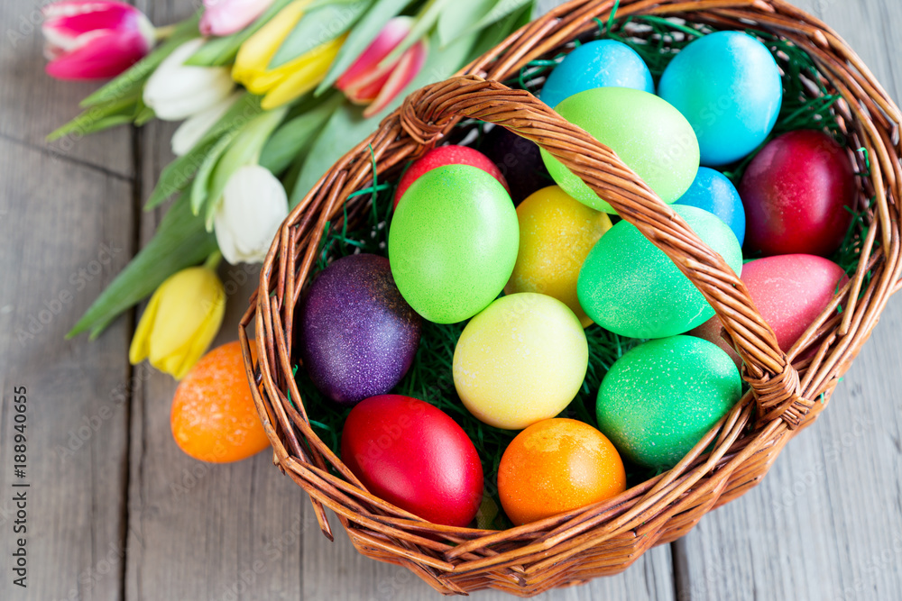 Colorful easter eggs and tulips Colorful easter eggs and tulips