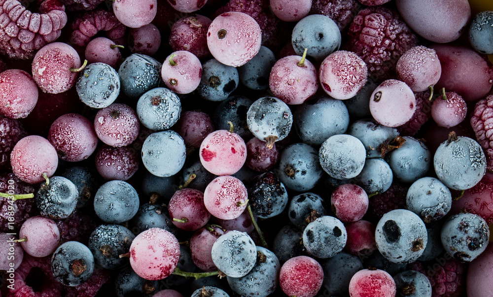 frozen berries, black currant, red currant, raspberry, blueberry. top view. macro - obrazy, fototapety, plakaty 