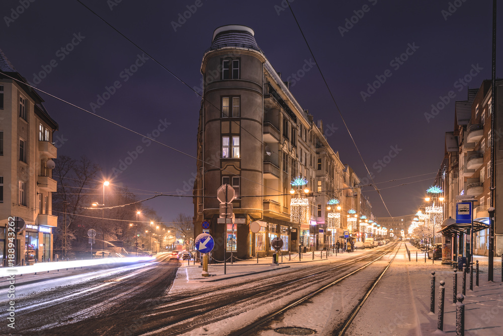 Night traffic in Zabrze town. Poland.